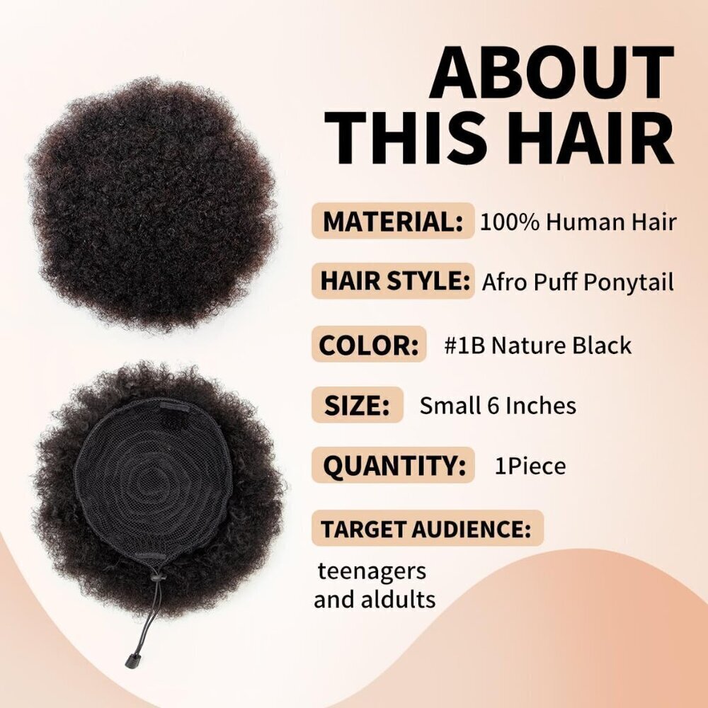 Afro Puff Ponytail for Black Women - Natural Black 6 Inch 100% Human Hair Puff H - Picture 2 of 6